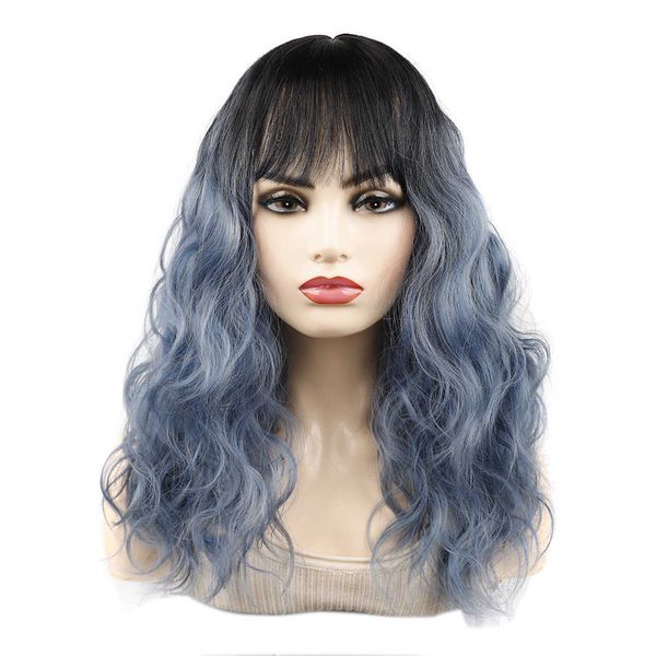 Copricapo per parrucca colorata Qi frangia capelli ricci foschia nera copricapo di colore blu copricapo finto con ondulazione dell'acqua medio e lungo