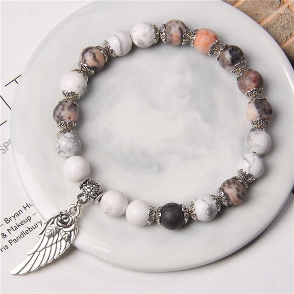 Strand Angel Wing Charm Armband für Frauen White Howlith Perlen Naturjaspis Stein Armreif Mädchen Schmuck Freundschaft