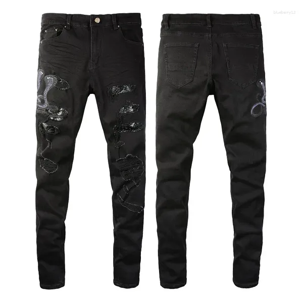 Jeans masculinos homens bordados cobra buracos remendados skinny rasgado estiramento preto slim fit high street scratch calças jeans
