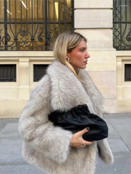 Casaco de pele feminino quente lapela solta manga longa fofo casacos femininos 2023 inverno moda de luxo casaco streetwear
