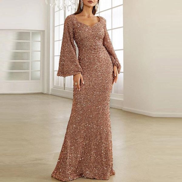 Lässige Kleider, figurbetont, mit Pailletten, glänzend, Abendkleid, Damen, ausgestellte Ärmel, Maxi, elegante mittlere Taille, langes Partykleid, Hochzeitsgast