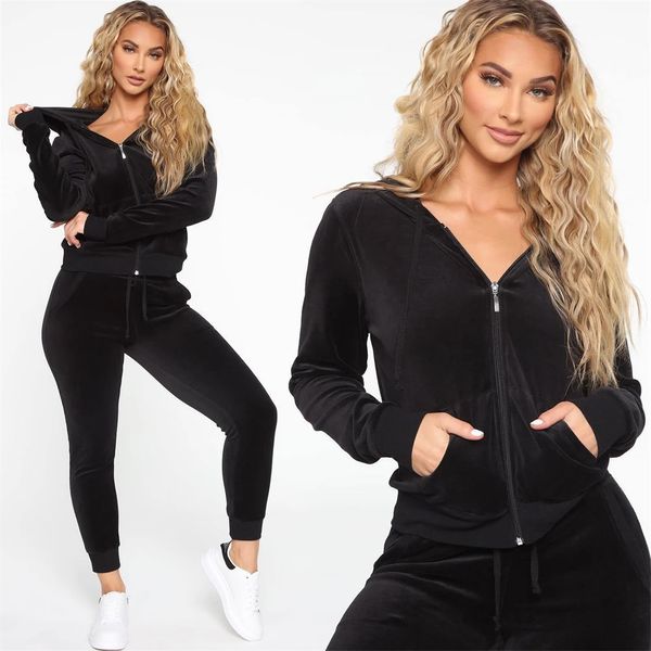 Frauen Zweiteilige Hosen Frauen Zipper Hoodies Samt Trainingsanzug 2 Set Crop Top Breite Bein Sweatsuits Jogging Femme Velour Chandal mujer 231123