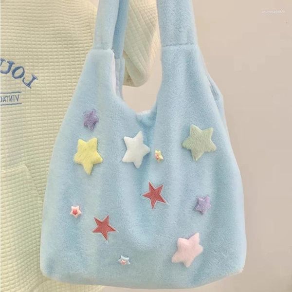 Sacos de noite bonito y2k estrelas de pelúcia senhoras tote doce adorável grande capacidade bolsa de ombro feminina cor sólida pele falsa bolsa feminina