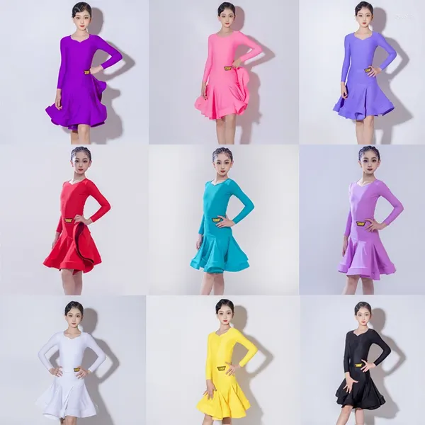 Palco desgaste 9 cores vestidos de competição de dança de salão meninas padrão nacional vestido latino crianças manga comprida dança traje sl9491