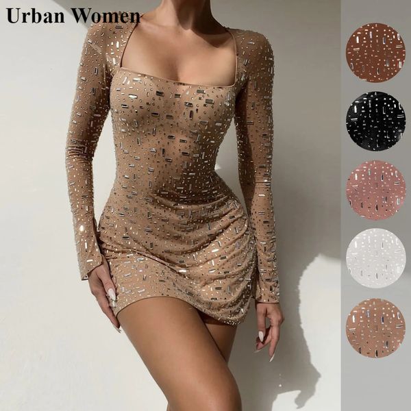 Grundlegende Freizeitkleider Herbst Sexy Nachtclub-Stil Diamant-Mesh-Kleid Damenmode Solide quadratischer Ausschnitt Perspektive Mini 231122