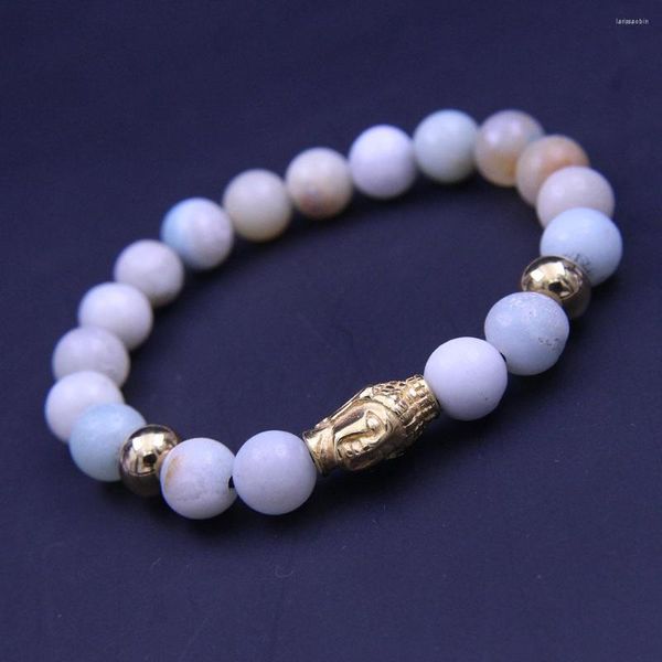 Strand Wonlee Winle 8.5mm Braccialetti elasticizzati con perline in pietra di colore naturale per uomo Bracciale con ciondoli Buddha in oro in acciaio inossidabile da donna