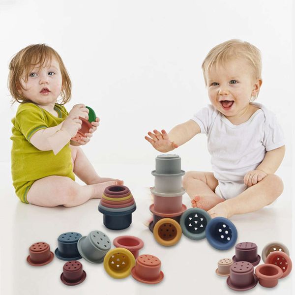 Novos brinquedos de banho do bebê empilhamento copo brinquedos coloridos cedo educacional inteligência presente barco-em forma empilhado copo dobrável torre brinquedos 2022