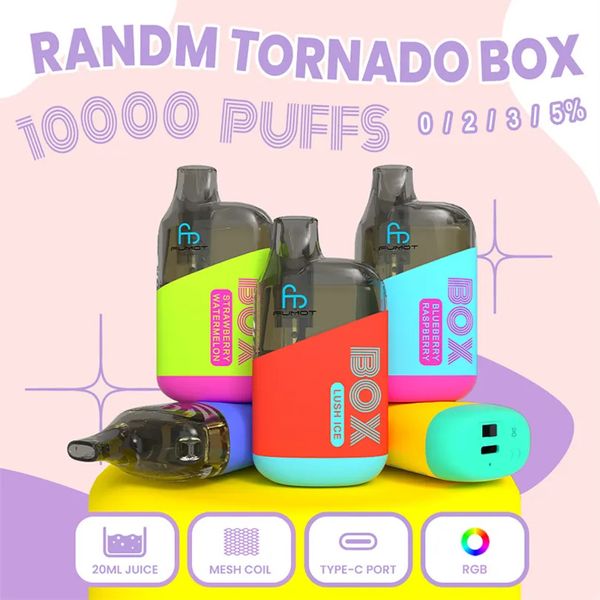 Оригинальная коробка Fumot RandM Tornado Box 10000 электронных сигарет, перезаряжаемая, 10 тыс. затяжек, одноразовая сетчатая катушка для вейпов, 20 мл, жидкость 0% 2% 3% 5% 10000 затяжек