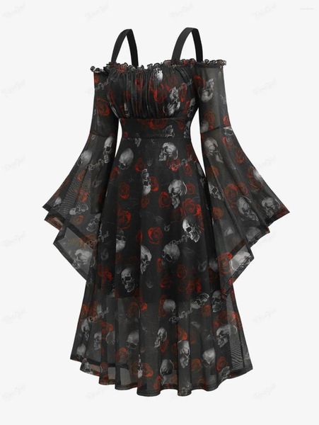 Casual Kleider ROSEGAL Plus Größe Halloween Für Frauen Schädel Rose Print Mesh Glocke Ärmel Kalte Schulter Kleid 2023 Gothic Midi vestido