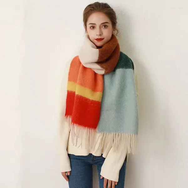 Lenços engrossados lenço quente feminino inverno mohair com listras contrastantes borlas versátil e resistente ao frio xale