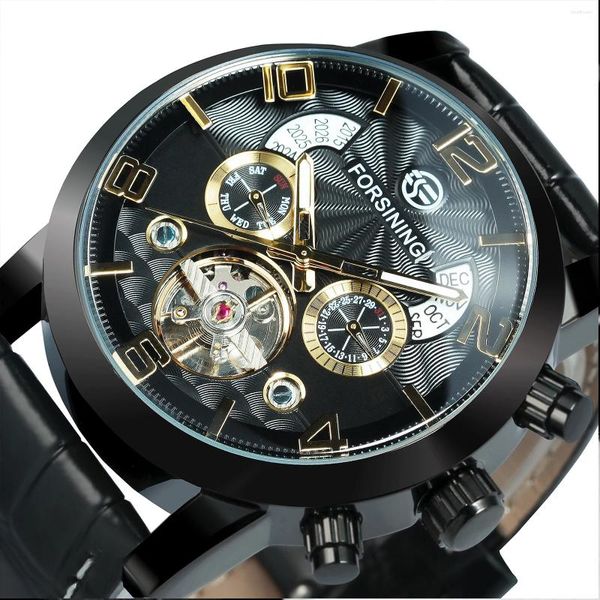 Наручные часы Forsining Black Vintage Flying Tourbillon Автоматические мужские часы Многофункциональные суб-циферблаты Механические часы со скелетоном Кожаные часы