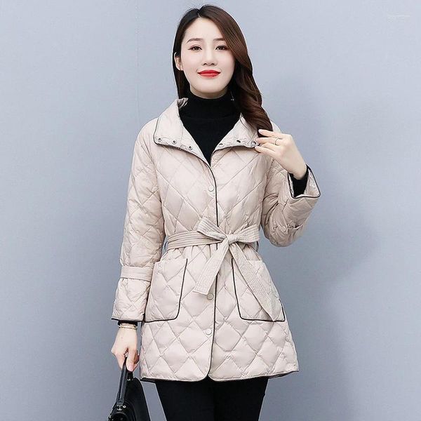 Feminino para baixo real po 2023 versão coreana fino cinto de comprimento médio leve acolchoado jaqueta vento casaco