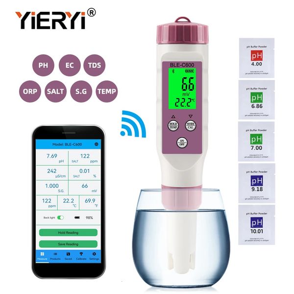 Medidores de pH Yieryi BLE-C600 Pluma de calidad del agua compatible con Bluetooth 7 en 1 PH EC TDS ORP SALT S.G TEMP Meter APP Probador de control inteligente 231122