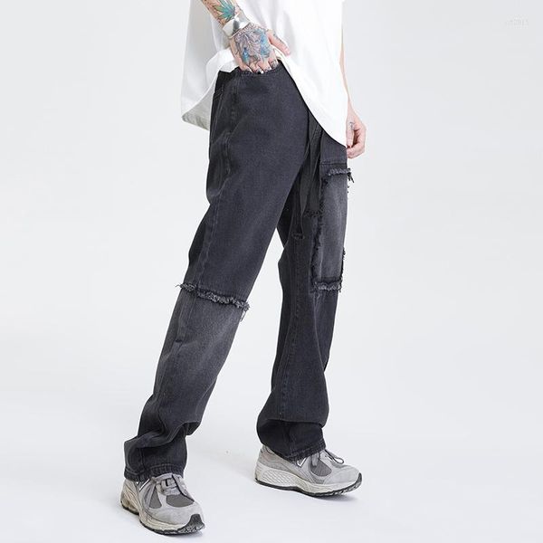 Jeans da uomo Abito da strada a gamba dritta con toppe da uomo Moda Stitch Burrs Pantaloni larghi in denim Hip Hop Beggar