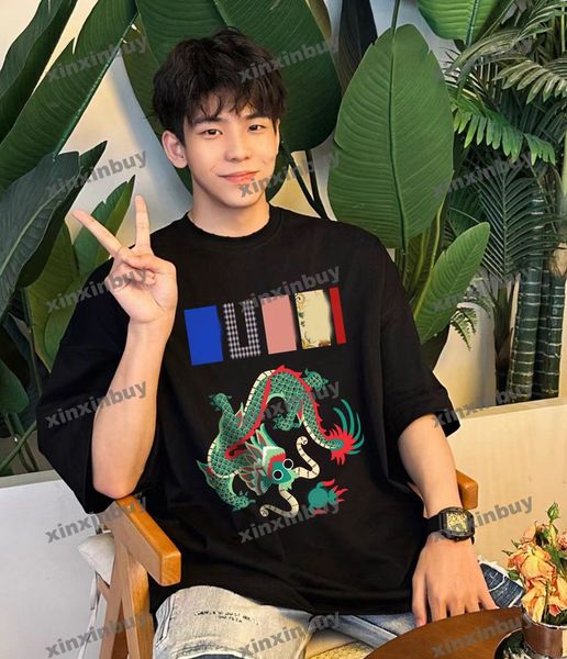 xinxinbuy Maglietta da uomo firmata T-shirt drago cinese stampa di lettere manica corta in cotone da donna Nero bianco blu grigio S-2XL