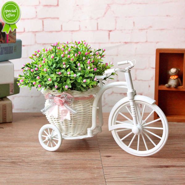 Neue Rattan-Fahrradvase mit Seidenblumen, bunter Mini-Rosenblumenstrauß, Gänseblümchen, künstliche Blumen für Zuhause, Hochzeitsdekoration