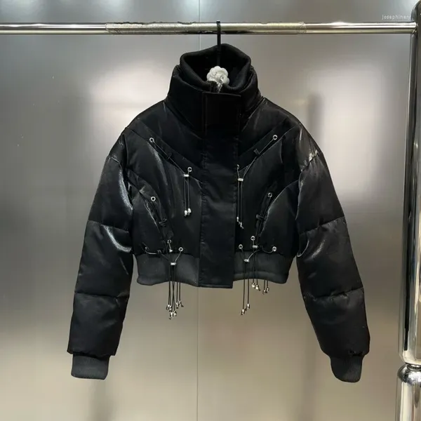 Женские плащи PREPOMP 2023, зимняя коллекция, с длинным рукавом, воротником-стойкой, застежкой-молнией, с тонкой талией, черное хлопковое пальто, женская куртка