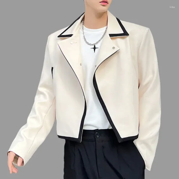 Männer Jacken 2023 Männer Revers Langarm Single Button Kontrast Farbe Patchwork Mäntel Streetwear Lose Koreanische Crop Oberbekleidung