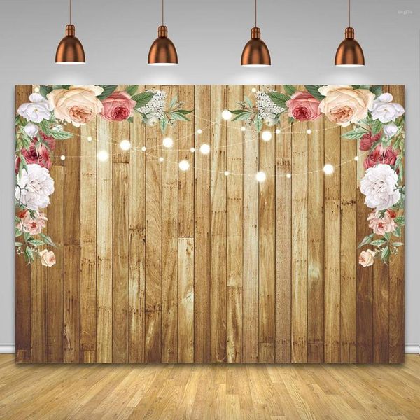 Party Dekoration Blumenwand Braun Holzboden Brautdusche Pocall Hintergrund Mädchen Geburtstag Hintergrund Baby Banner Taufe