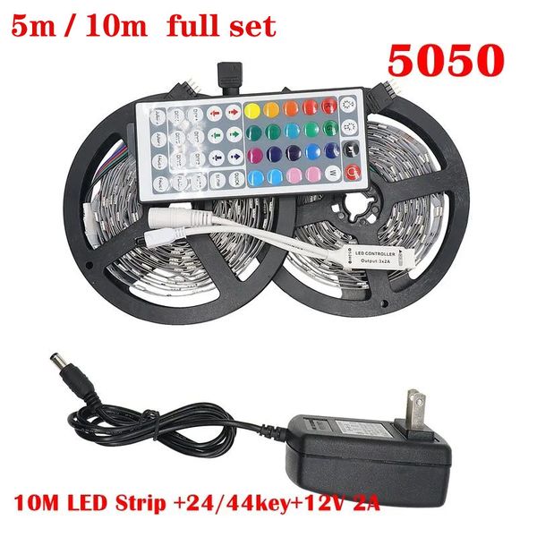 Üretici Satış LED Şerit Işık SMD 5050 5M 10M IP20 IP65 RGB LED IŞIK 300 600 LEDS BANT LED ŞERKE ENLİKLİ MINI IR Denetleyicisi DC12V Adaptör Tam Set Şeritleri