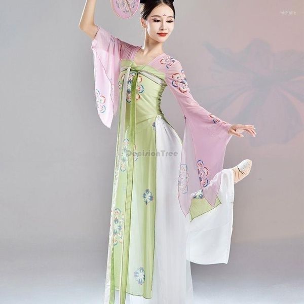 Stage Wear 2023 Chinesischer Stil Klassisches Tanzkleid Weibliche Hanfu Streamer Lange Gaze Folk Bedrucktes Kostüm Zweiteiliges Set