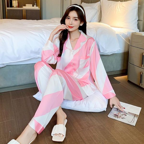 Damen Nachtwäsche Frauen Eis Seide Pyjama Set Designer Luxus Herbst Frühling Pyjamas für Damen zweiteilige rosa Farbe Lounge