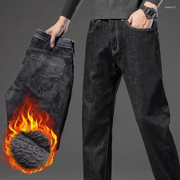 Herren Jeans Warm Lose Denim Gerade Herbst Winter Dicke Männer Übergroße 28-46 Hosen Business Stretch Plus Samt