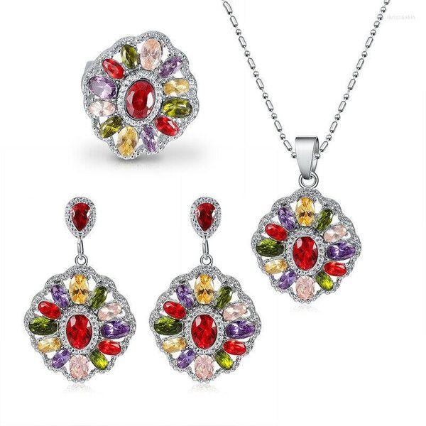 Collana Orecchini Set Moda classica Colore argento Colorato Anello pendente in cristallo mistico Gioielli per le donne Anniversario Matrimonio