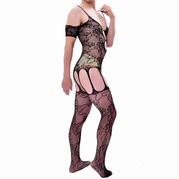 Sexy pornô masculino ultra-fino transparente crotchless bodysuit macacão malha pura virilha aberta erótica completa meia-calça arrastão