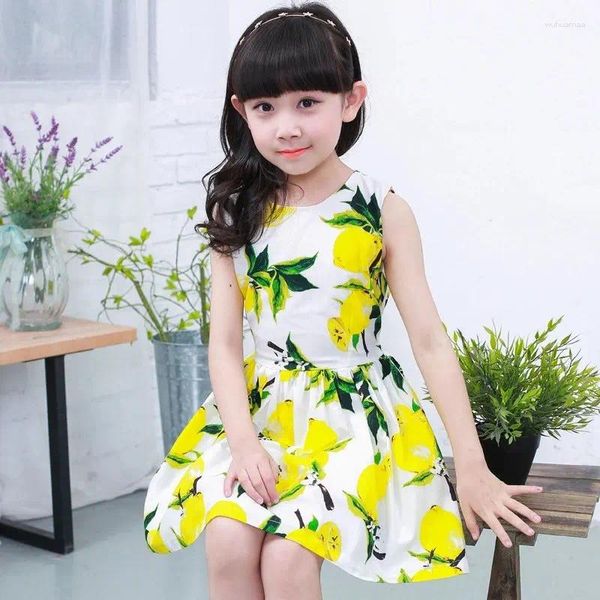 Mädchen Kleider Sommer Vintage Zitrone Gedruckt Mädchen Kleid Elegante Kinder Gelb Druck Ärmellose Baby Kleidung 4-13 T