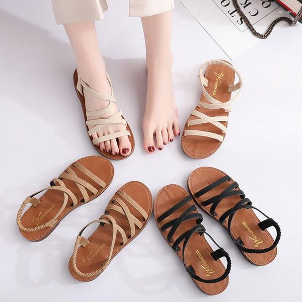 Sandalen Kuhsehnensohle Flache Absätze Schuhe Damen 2023 Sommer Student Roman Korean Style Bequem