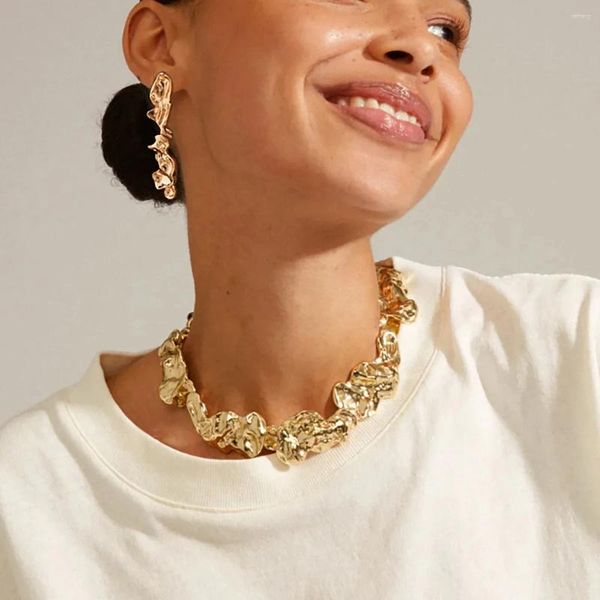 Halskette Ohrringe Set 2023 ZAA Vintage Statement Metall Flüssigkeit Plissee Unregelmäßige Lava Choker Armband Für Frauen