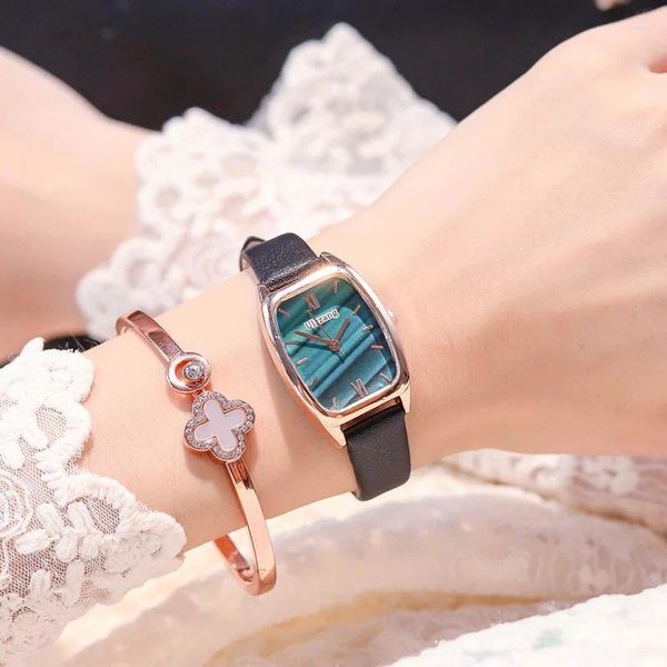 Наручные часы Модные брендовые повседневные часы с прямоугольным циферблатом Изысканный кожаный ремень с модными простыми кварцевыми наручными часами для женщин