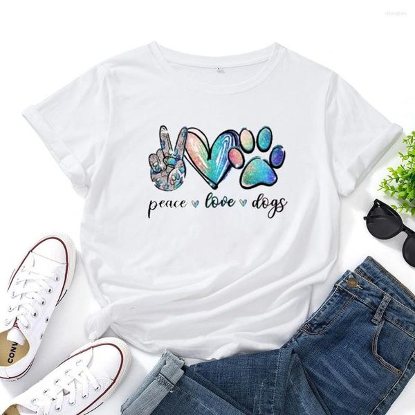Kadın Tişörtleri Kadın Sevimli Karikatür Desen Moda Kadın Gömlek Top Barış Aşk Köpekleri T-Shirts O yakalı Kısa Kollu Pamuk Tshirt