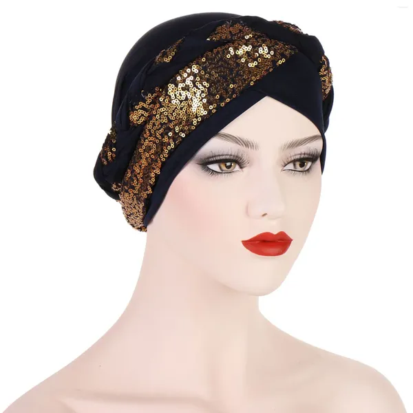 Ropa étnica Glitter Lentejuelas Trenza Turbante Caps para mujeres Musulmán Beanie Mujer Head Wraps Hat Lady Pérdida de cabello Cáncer Chemo Cap