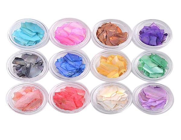 Aufkleber-Abziehbilder, 1 Set, 12 verschiedene Farben, zerkleinerte Muschelfragmente, für künstliche Acryl-UV-Gel-Spitze, Nagelkunst-Dekoration, Perlmutt-Muschel, 4660791