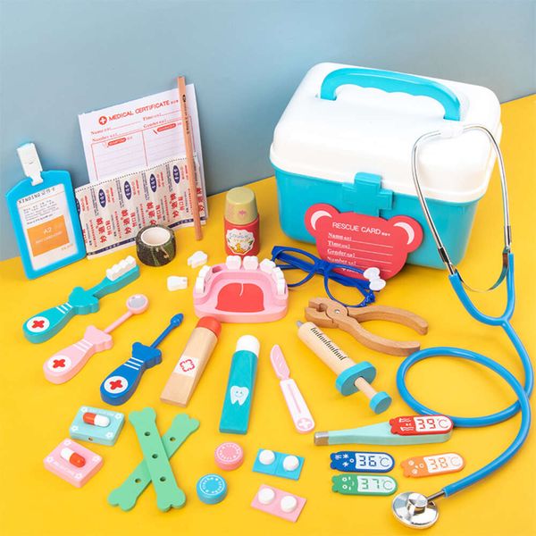 Novas crianças de madeira simulação jogar casa pequeno médico brinquedo conjunto meninas tiro kit médico dental brinquedos para crianças conjunto médico