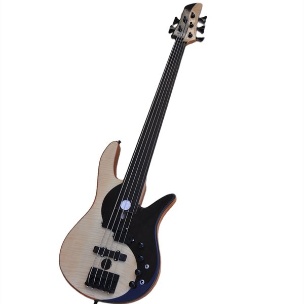 Fretless 5 Strings Taiji Yinyang Electric Bass Guitar com hardware preto Oferece logotipo/cor personalizada