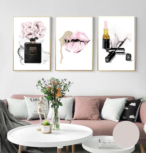 Lábios rosa impressão perfume poster batom maquiagem arte da parede pintura moda cartazes e impressões flor parede fotos quarto decor6497270