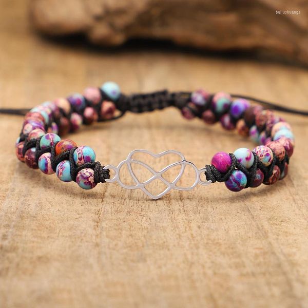 Charm Bracelets Heart Infinity Steel Makramee Natural Purple Jaspis String Geflochtene Doppelschichten Freundschaftsarmband