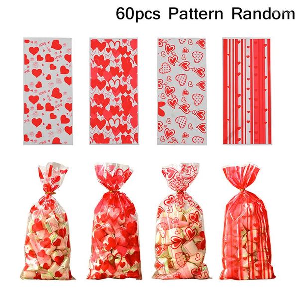 Confezione regalo 60 sacchetti di cellophane per San Valentino, dolcetti per biscotti, motivo a cuore d'amore, caramelle in plastica trasparente, regali per feste di nozze fai da te