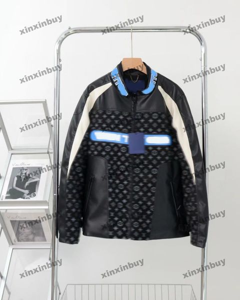 Xinxinbuy masculino casaco de grife de grife letra de couro com painéis de impressão de manga longa mulher branca cáqui preto azul cáqui xs-2xl