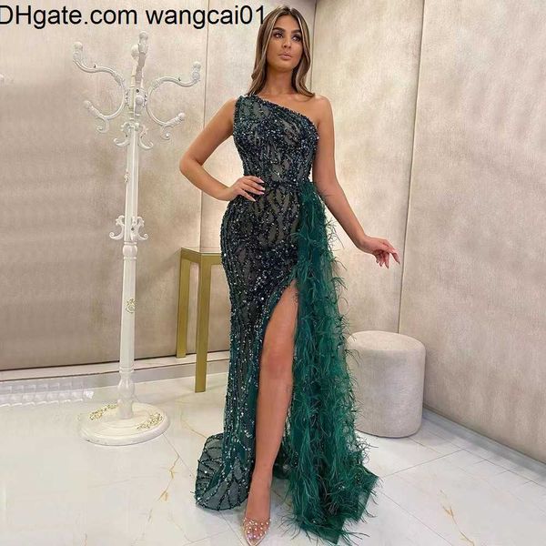 wangcai01 Abiti da ballo lunghi sexy Abiti da sera scintillanti con perline di cristallo Abiti da sera con paillettes divisi alti Donne Piume di cristallo arabe Abiti per occasioni speciali Abiti da cerimonia