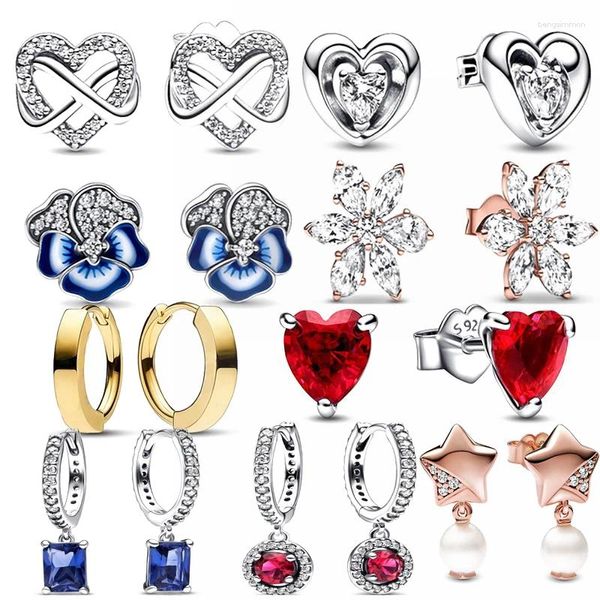 Brincos de argola de alta qualidade 925 azul zircão floco de neve diamante coração vermelho feminino requintado joias brilhantes