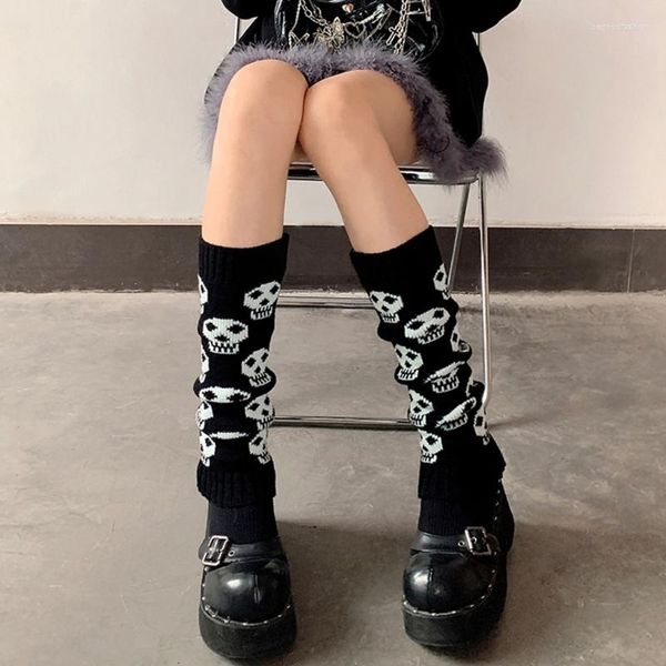 Mulheres meias tricotadas por muito tempo para meninas japoneses góticos punk crânio de bota estampada tampas para os pés