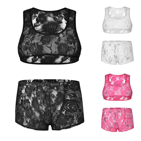 Conjunto boxer meio tanque sexy masculino, 2 peças, transparente, renda, malha translúcida, sissy, crossdress, lingerie exótica