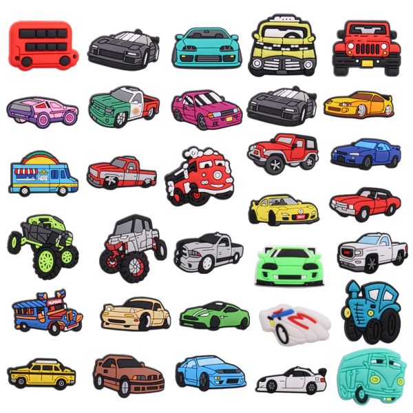 Única venda 1 pçs pvc croces encantos kawaii carro de corrida esportes van caminhão ônibus silicone croces chinelo acessórios sapato encantos