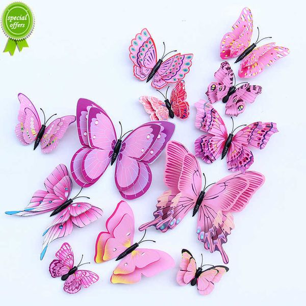 Nuovo 12pcs 3D doppio strato farfalle adesivi murali soggiorno arredamento matrimonio camera dei bambini decorazione fai da te arte della parete adesivi magnetici