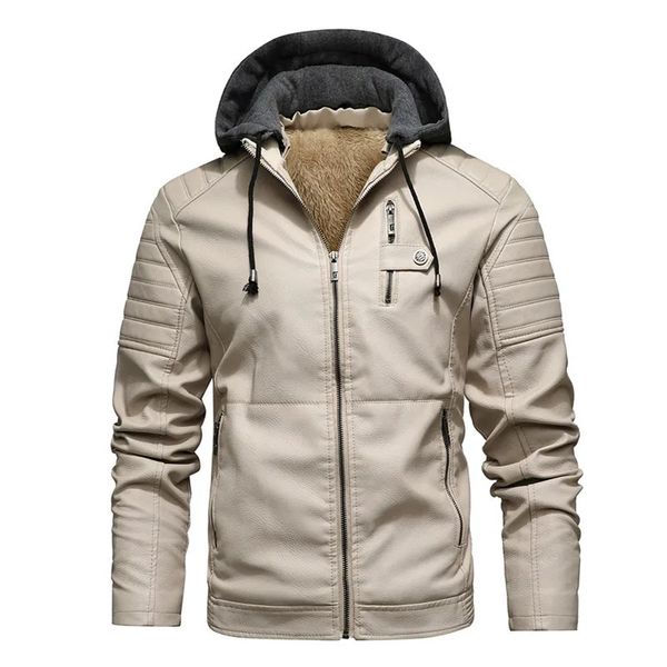 Pelliccia da uomo in finta pelle moda giacca da uomo autunno fodera in pile cappotti in pu con cappuccio inverno abbigliamento maschile casual giacche da moto bianche 231123