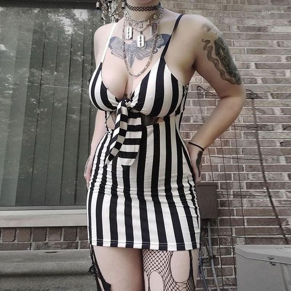 Lässige Kleider Schwarz Weiß Streifen Schnüren Aushöhlen Hohe Taille Kleid Frauen Vintage Grunge Trägerlos Gothic Sling Y2k Sexy Rave Outfits